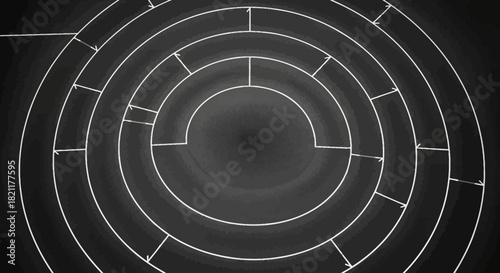 Abstract, geometric design featuring concentric circles and segmented lines, creating a maze-like pattern.