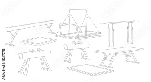Outlined illustration of various gymnastics equipment used in competitions.
