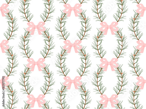 Garlands of pine branches and pink bows on a white background. Evergreen tree decoration in pastel colours. Seamless pattern for holiday wrapping paper, textiles and fabrics. Christmas delicate print.