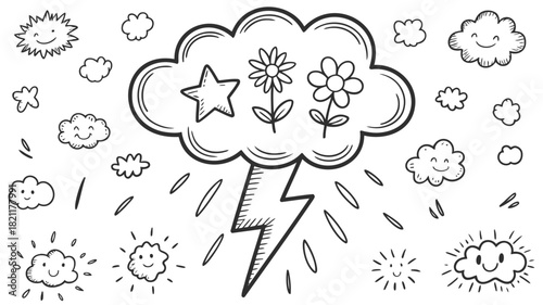 Whimsical cloud illustration with a vibrant dream bubble containing colorful elements and abstract shapes