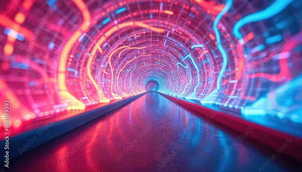 Fototapeta premium Abstract digital tunnel with glowing red, blue light lines. Moving neon waves create dynamic virtual space. Modern tech visualizes data flow, internet speed. Future connectivity, high-speed network