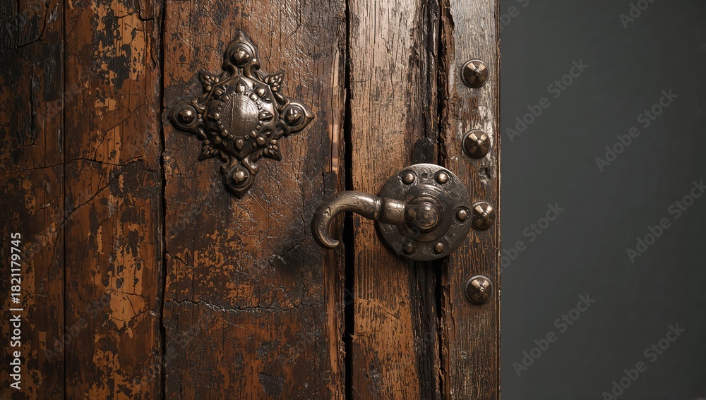 Fototapeta premium Ornate Metal Door Handle on Rustic Wooden Surface Close Up
