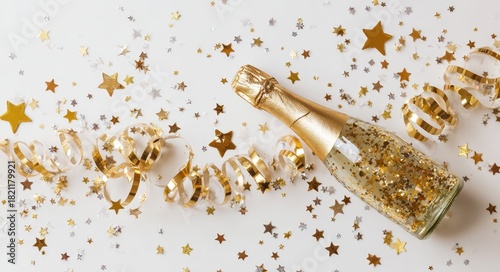 Festive New Background with Glittering Champagne Bottle, Colorful Confetti Stars, and Party Streamers for Celebrations