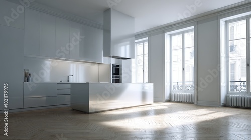 Modern Minimalist Kitchen Design Featuring Clean Lines and Bright Natural Light in Spacious Contemporary Interior
