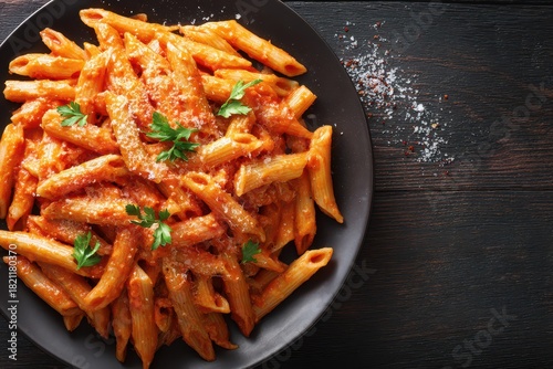 Delicious Penne Alla Vodka: A Spicy Italian Comfort Dish with Creamy Tomato and Vodka Sauce - Horizontal Plate Presentation