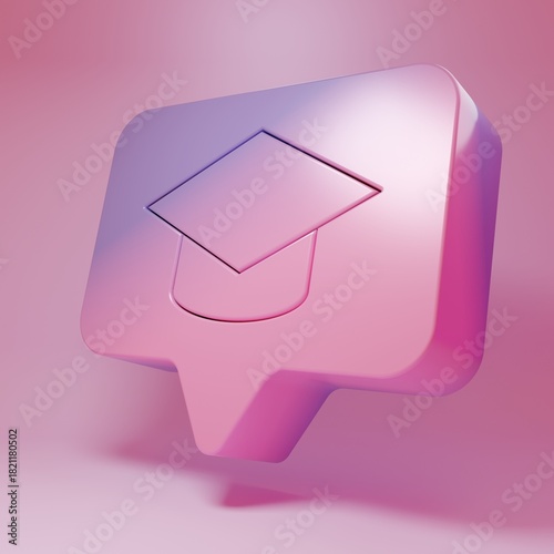 Purple-pink Graduation cap in speech bubble icon isolated on pink background. Graduation hat with tassel icon. Minimalism concept. 3D render illustration