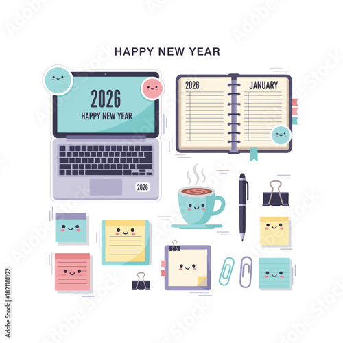 Happy new year 2026 office workspace with stationery vector art