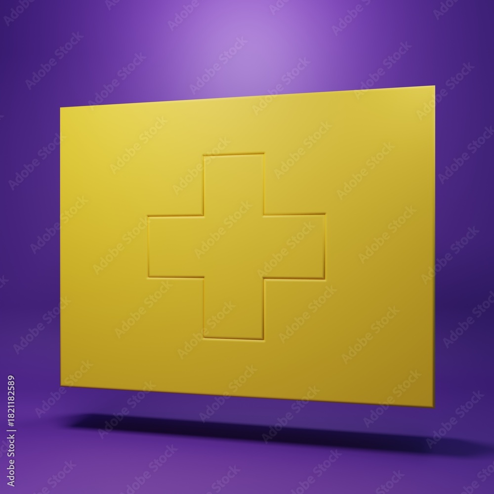 Fototapeta premium Yellow First aid kit icon isolated on purple background. Medical box with cross. Medical equipment for emergency. Healthcare concept. Minimalism concept. 3D render illustration