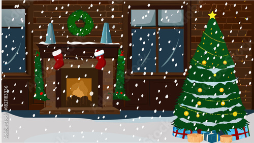 A christmas scene with a decorated tree gifts fireplace and snow falling outside the window in a cozy room