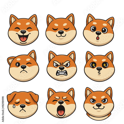 Shiba Inu dog facial expressions set cute animal avatar