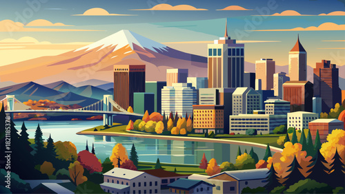 Very beautiful view of the Portland, Oregon, USA skyline, featuring modern high-rise buildings, bridges over the Willamette River, and a panoramic urban landscape under clear daylight.