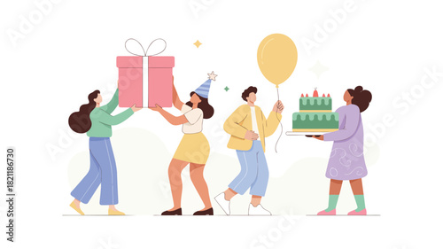 A vibrant vector illustration featuring a group of four diverse figures with one prominently holding a bright pink object rendered in a rich cmyk color palette with striking red green and blue accents