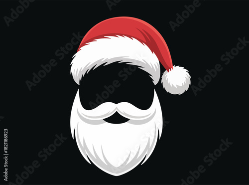 Santa Claus hat vector on black background. Santa Claus head silhouette with white beard and mustaches in origami style
