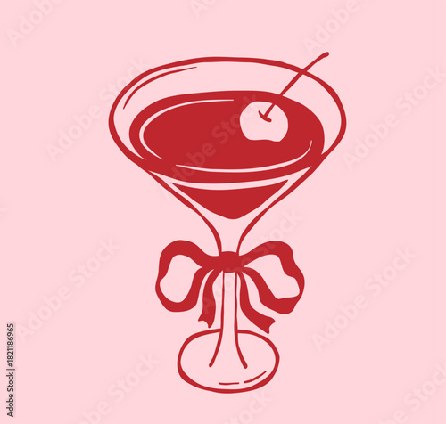 Cocktail martini glass with cherry, vector icon, whimsical sketch for bride party invitation