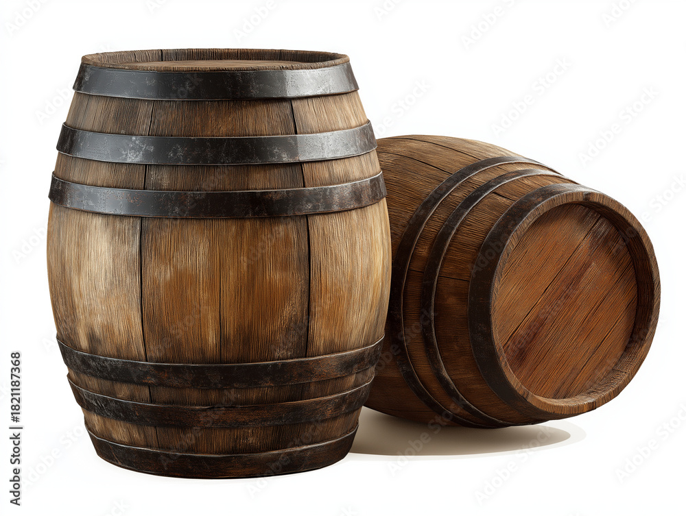 Obraz premium Two brown wooden barrels with metal bands suitable for rustic decor, winemaking, whiskey aging, or farm themed designs.