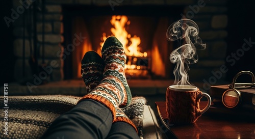 Legs in cozy patterned wool socks resting by a warm fireplace with a steaming hot beverage.