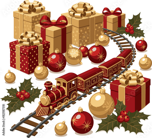 Create a festive Christmas and New Year tableau features gold and red decorations, wrapped gifts, ribbons, ornaments, and a playful toy train against a rich vector art with white background..