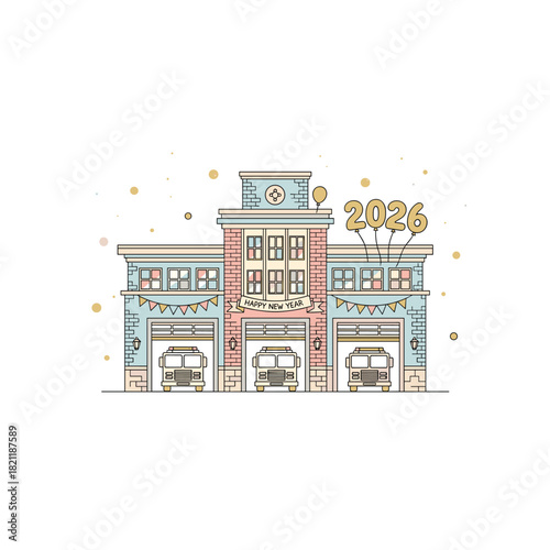 Welcoming happy new year 2026 at fire station with trucks and balloons