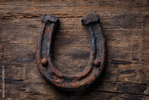 Weathered Horseshoe on Rustic Timber Board, Showcasing Textured Wood Grain for Construction Aesthetic