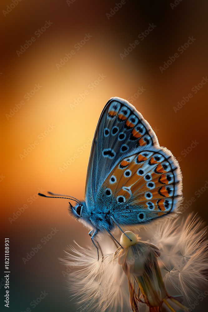 Obraz premium Beautiful blue butterfly on a dandelion at dusk. Ideal for nature, wildlife, floral, spring, summer, and insect themed designs.