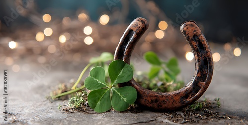 A lucky horseshoe and four leaf clover resting on a rustic wooden surface