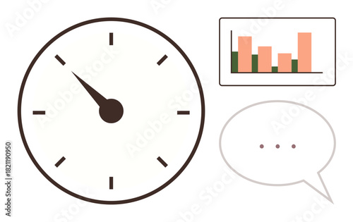 Analog clock with short hand at 10, bar chart with orange-green bars, speech bubble with three dots. Ideal for productivity, time tracking, teamwork, deadlines, communication, analytics meeting