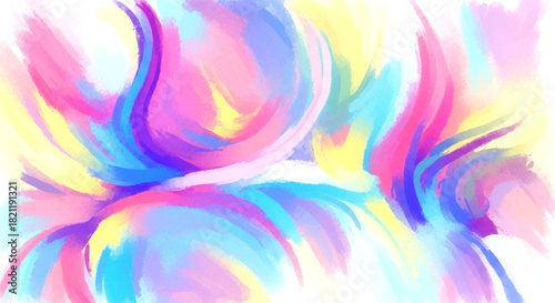 Vibrant abstract swirl of pastel pink, blue, yellow, and purple watercolor brush strokes
