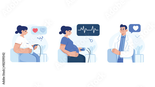 A vibrant three scene illustration depicting a pregnant woman in various stages of anticipation and joy suitable for maternity or family themed designs