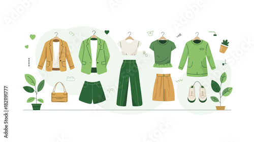 Flat design illustration of a versatile capsule wardrobe with essential clothing items and accessories presented in a clean modern aesthetic suitable for fashion or lifestyle content