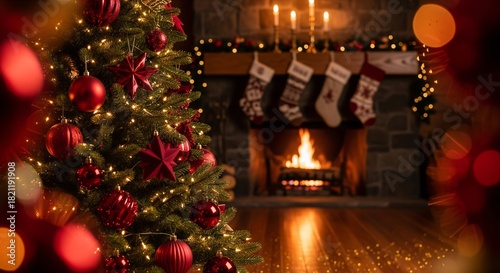 Close up of Christmas tree decorated with red ornaments and warm string lights in a cozy living room with a glowing fireplace.