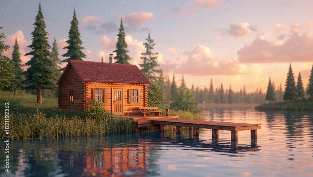 Fototapeta premium Cozy wooden cabin by serene lake during sunset with pine trees