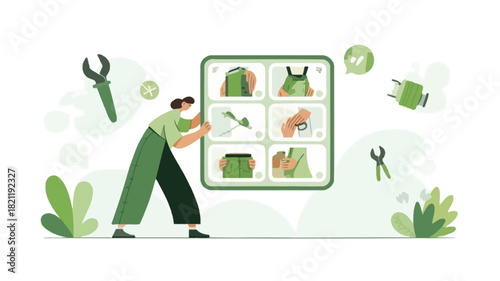 Illustration of a person engaged in a diy home repair project following instructions from a tutorial with tools and materials laid out