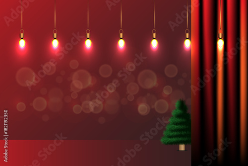 Happy new year 2026 Christmas background with red curtain, Christmas tree and lights. Vector illustration.