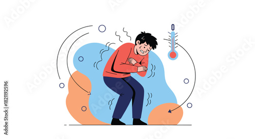 Cartoon illustration of a man shivering from the cold or a fever, hugging himself with a thermometer indicating illness or a high temperature.