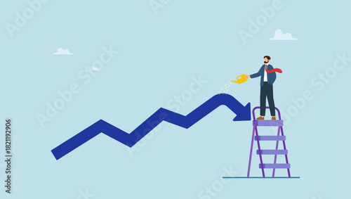 Businessman investor watering fall down graph and chart to make it grow. Growing investment from loss or recession, stimulate or boost profit and earning from stock market crisis or downturn.