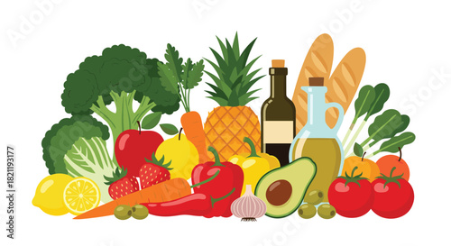 Large colorful arrangement of fresh, healthy food including fruits, vegetables, olive oil, and bread, representing a balanced diet and nutrition.