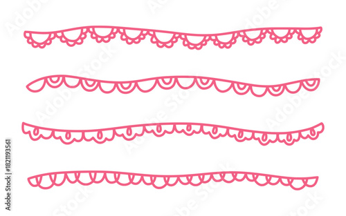 Hand drawn scallop borders set with lace details in pink. Cute whimsical doodle vector elements for frames, notes and decorative design projects, for cute digital scrapbooking projects.