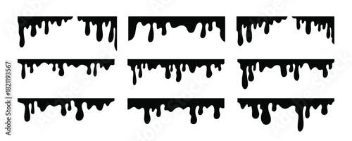 Dripping and melting liquid borders set. Hand drawn vector elements for sweet, spooky, or abstract design such as candy, slime, and Halloween themes. Dripping melting borders for abstract frames.