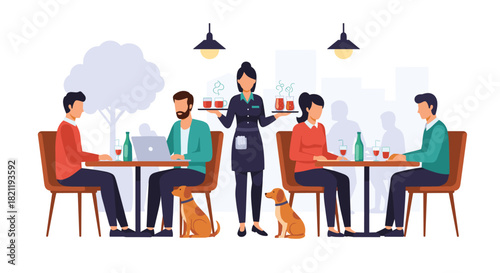 People dining at a pet-friendly outdoor cafe, with a waitress serving drinks to customers enjoying their meal in a modern city restaurant.