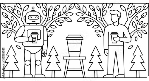 Robot and human holding coffee cups, symbolizing a modern break, integration of ai in daily life, natural setting. Vector