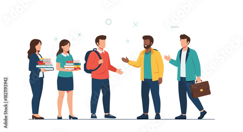 Diverse group of young professionals and students standing together, engaged in conversation, representing teamwork and community.