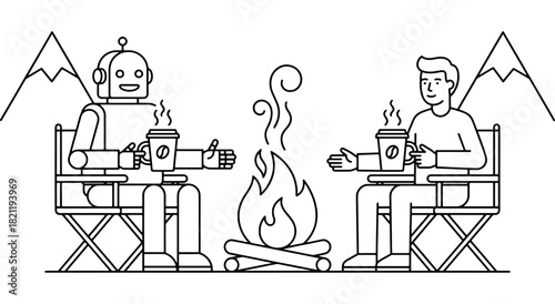 Robot and human enjoying campfire coffee together in a peaceful mountain setting, minimalist line art illustration. Vector