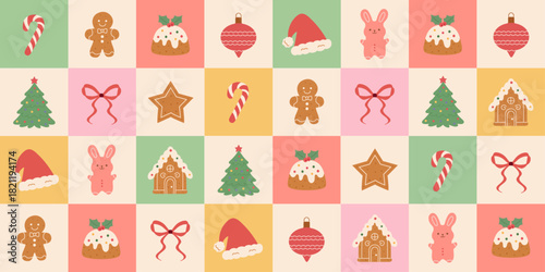 Christmas vintage seamless pattern. Xmas mosaic background with hand-drawn Christmas holiday elements: Xmas trees, red bows, Santa’s hat, gingerbread, candy canes, stars, puddings. Vector illustration