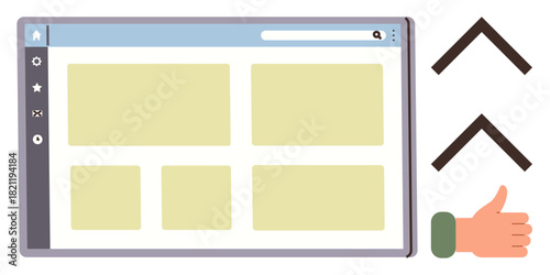 Web browser window featuring content grid, ranking arrows, and thumbs-up gesture. Ideal for feedback, engagement, content evaluation, navigation, web platforms, user experience simple flat metaphor
