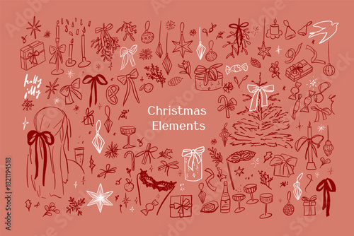 Hand drawn sketch elegant delicate spruce winter Christmas elements