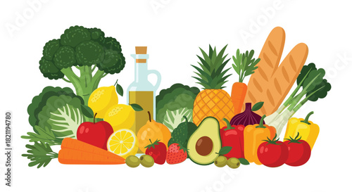 Large assortment of fresh, healthy foods including fruits, vegetables, bread, and olive oil, promoting a balanced and nutritious diet.
