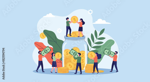 Group of people contributing money to a large savings jar, illustrating concepts of crowdfunding, financial teamwork, and collective investment.