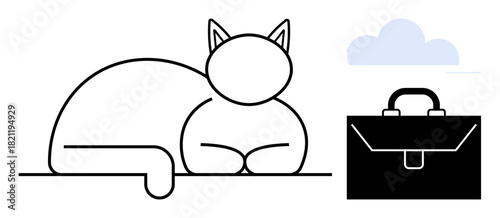 Outlined cat resting with a briefcase and light cloud, blending work-life harmony, relaxation, freedom, minimalism, balance, organization, mindfulness. Ideal for a simple flat metaphor