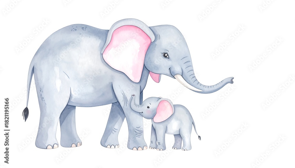 Fototapeta premium Watercolor illustration of a mother elephant and her calf. Gentle, pastel colors