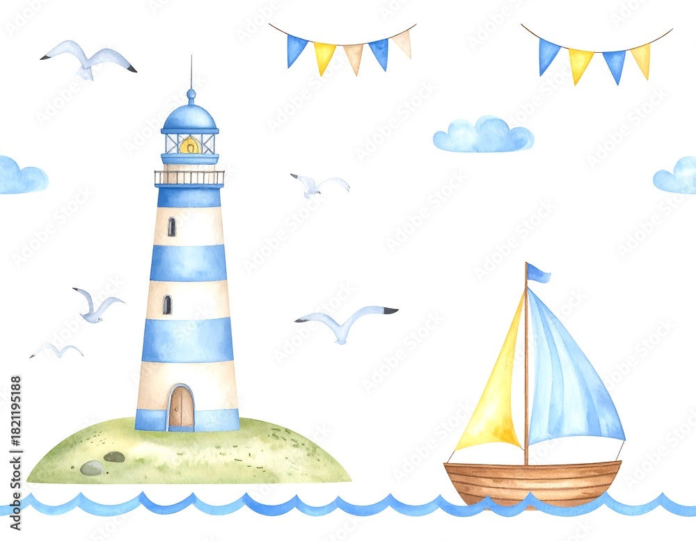Naklejka premium Watercolor illustration of a lighthouse, sailboat, and island